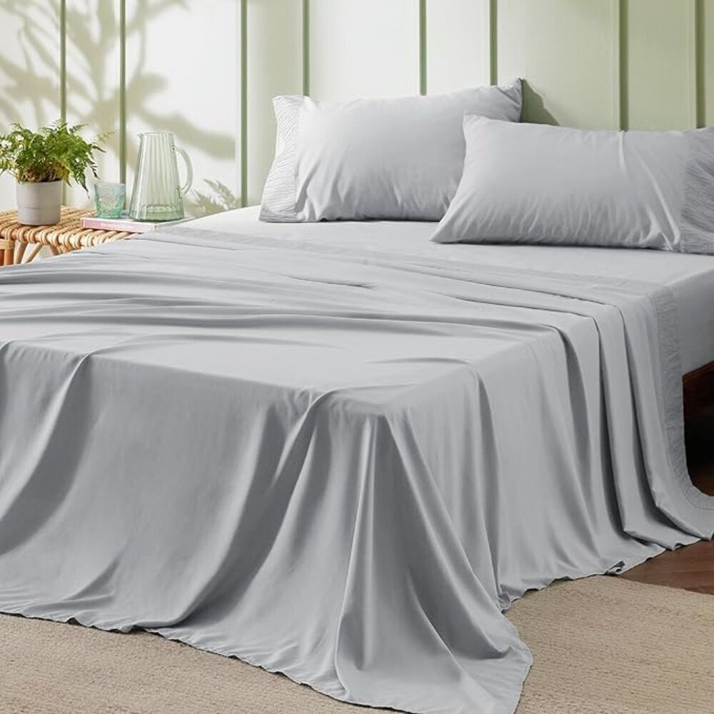 🆕 4 Pieces Blue Luxury California King Polyester Microfiber Cooling Bed Sheet